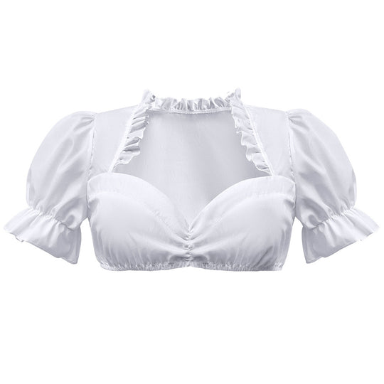 Damen nan traditionelle Dirndlbluse kurz mit Puffärmeln Herzausschnitt und Rüschendetail EB