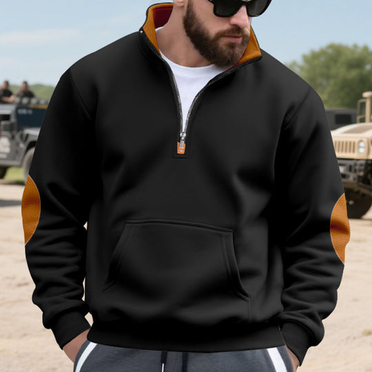 Herren nan isolierter Halbzip-Pullover mit Stehkragen Fleece-Innenfutter Kängurutasche und Wildleder-Ellenbogenpatches EB