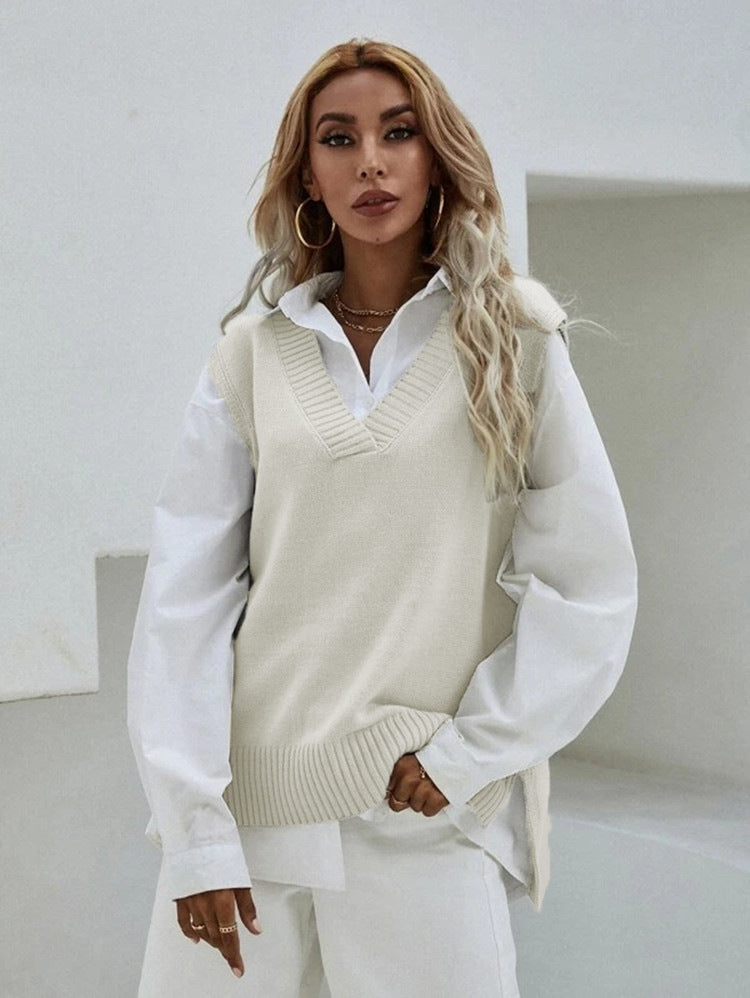 Damen Strickweste mit V-Ausschnitt und feiner Rippenstruktur EB