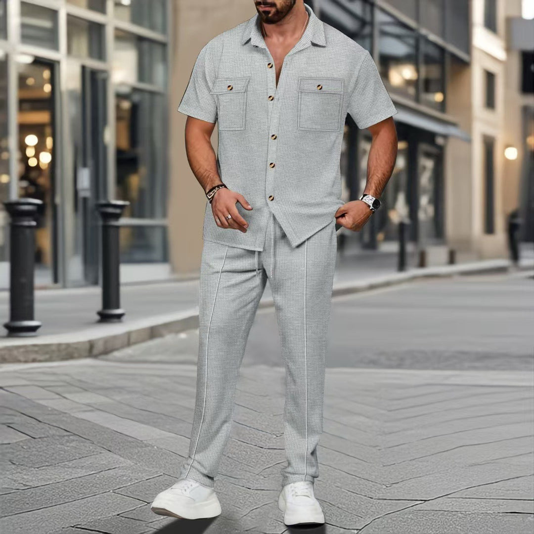 Herren nan lässiger Freizeitanzug mit Kurzarm-Camphemd und schmaler Kordelbundhose EB