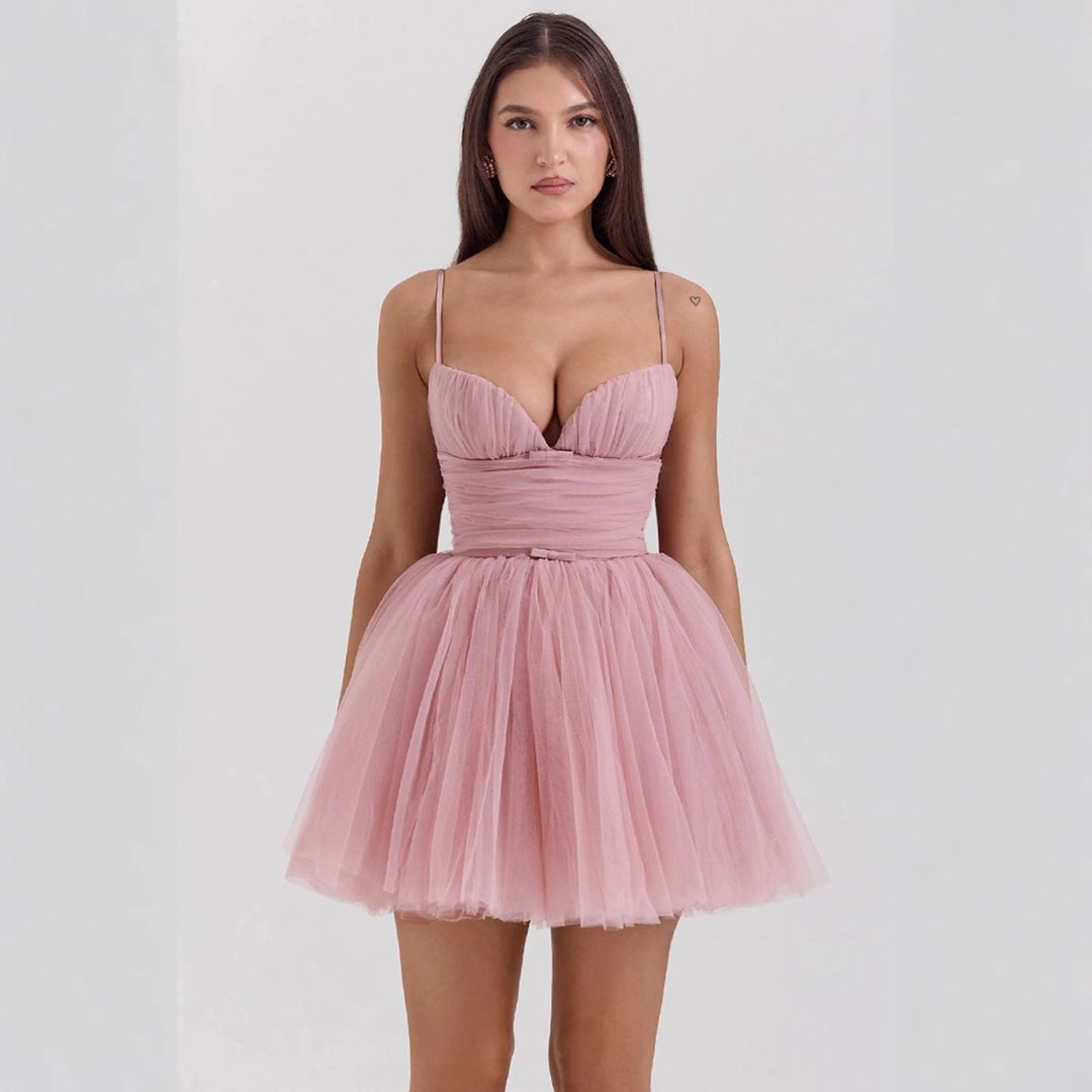 Damen Tüll Cocktailkleid mit tiefem V-Ausschnitt und gerafftem Oberteil EB