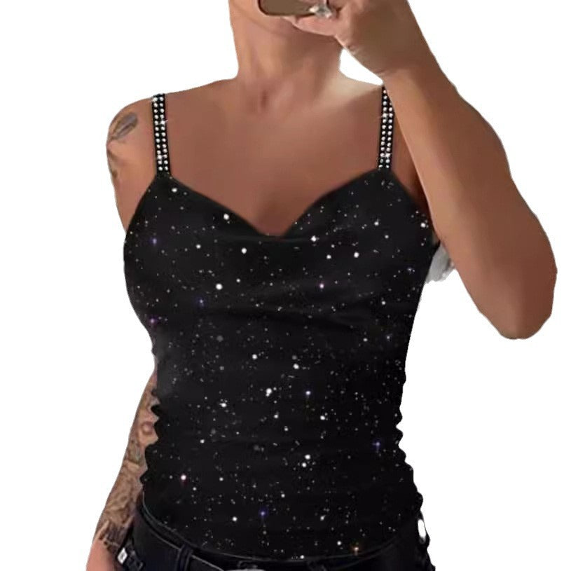 Damen Oberteil mit funkelndem Galaxie-Design und eleganten Spaghetti-Trägern EB