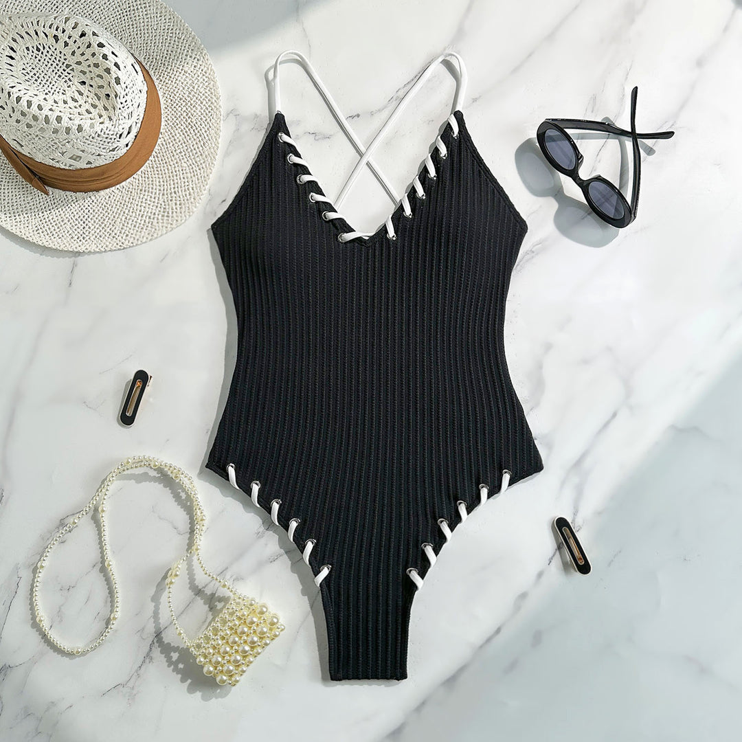 Damen Eleganter Strick-Badeanzug mit Schnürdetails EB