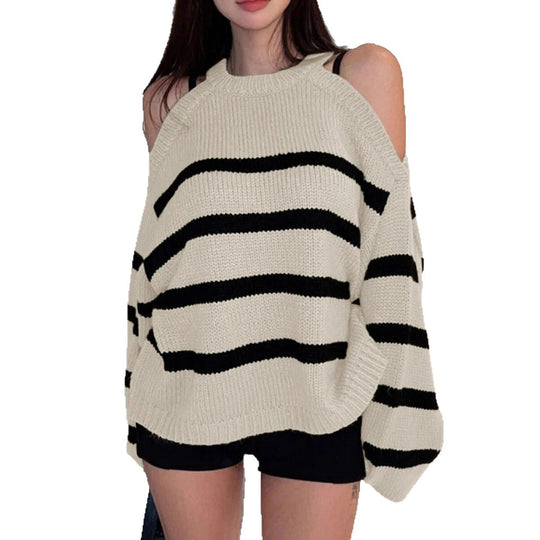 Damen Off-Shoulder Strickpullover mit breiten Streifen EB