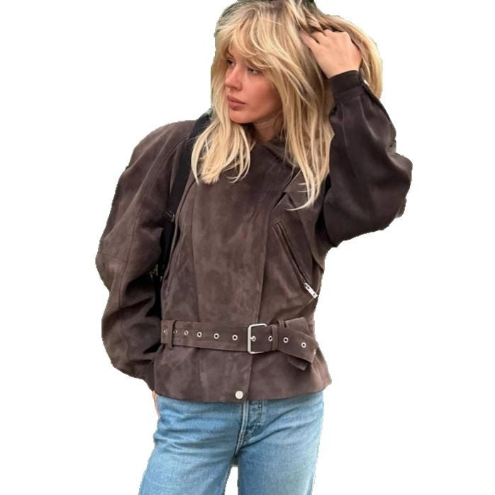 Damen Modische Suede Jacke mit Taillengürtel EB