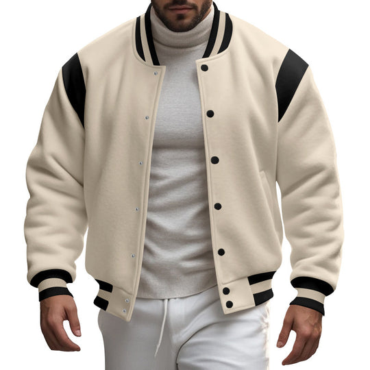 Herren nan College-Baseballjacke mit Druckknopfleiste, geripptem Kragen und kontrastierten Schulterpassen EB