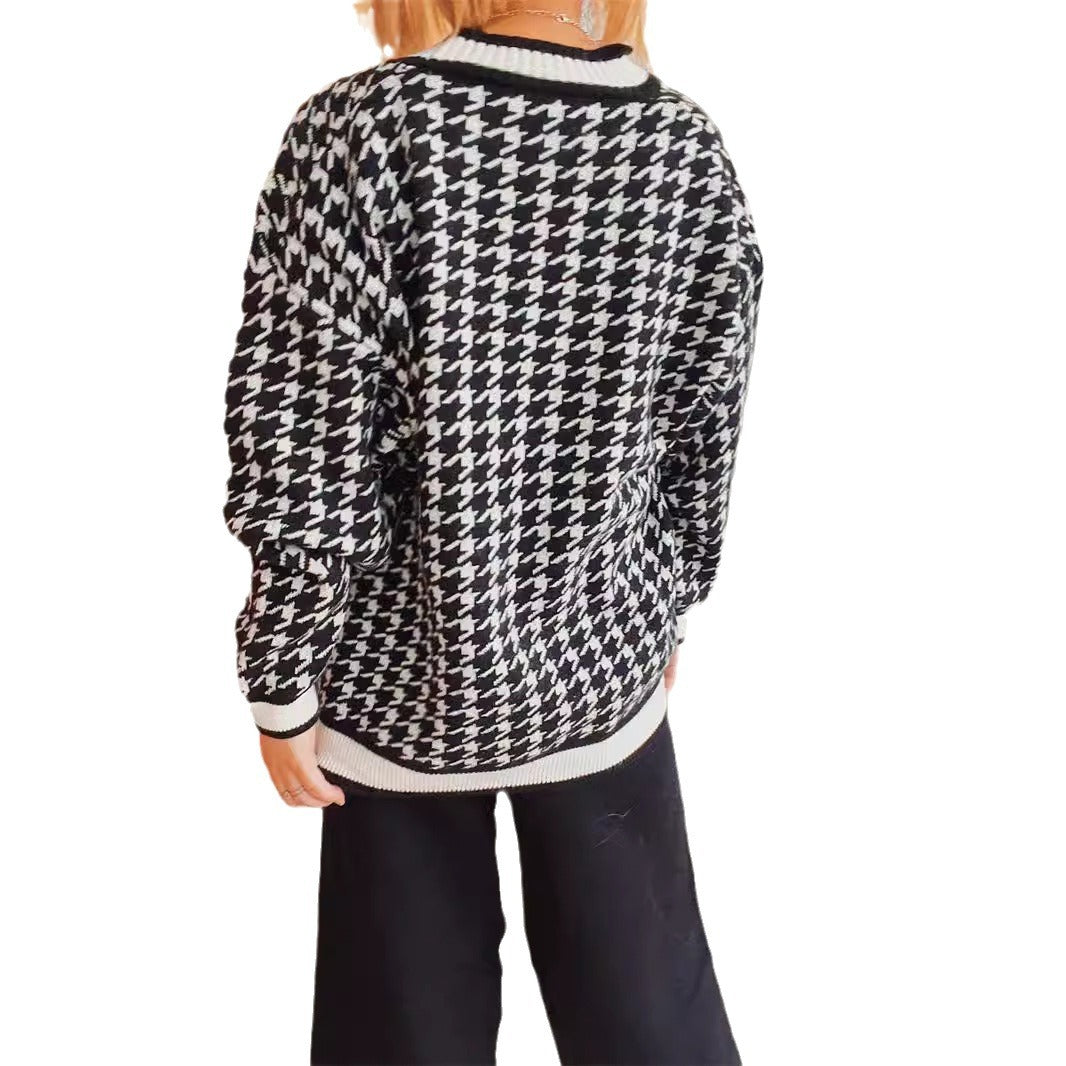 Damen oversized Strickjacke im klassischen Hahnentrittmuster EB