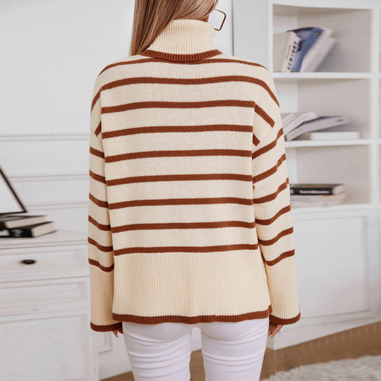 Damen modischer Rollkragenpullover mit breiten Streifen und lässigem Schnitt EB