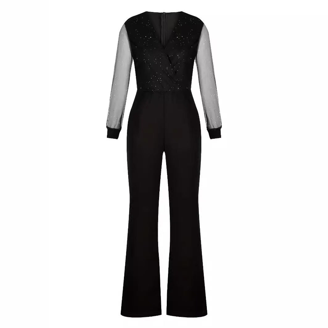 Damen Eleganter Jumpsuit mit transparenten Ärmeln und funkelnden Details EB