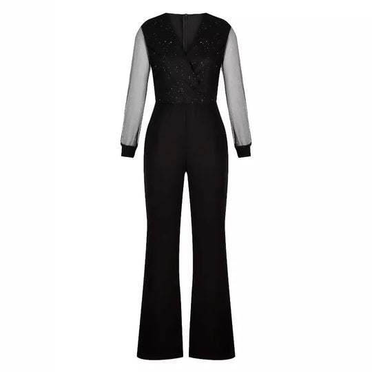 Damen Eleganter Jumpsuit mit transparenten Ärmeln und funkelnden Details EB