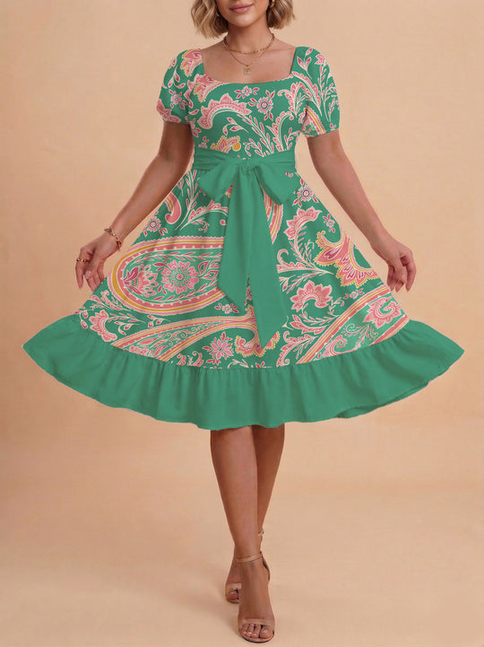 Damen elegantes Maxikleid mit floralem Design und Taillengürtel EB