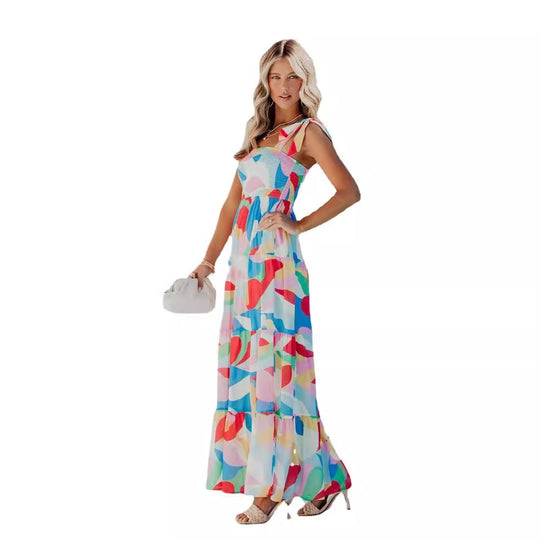Damen Maxikleid mit buntem geometrischen Design und voluminösem Rock EB
