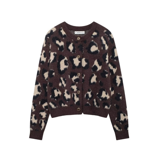 Damen nan kuschelige Strickjacke mit Leopardenmuster, Rundhalsausschnitt und durchgehender Knopfleiste EB