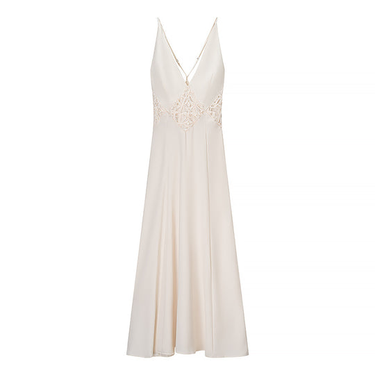 Damen Langarm Maxi-Kleid mit raffiniertem V-Ausschnitt und kunstvollem Spitzenbesatz EB