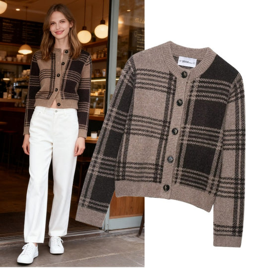 Damen kariertes Strickjacke mit Knopfleiste und weichem Material EB
