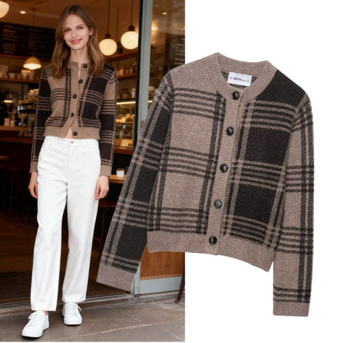 Damen kariertes Strickjacke mit Knopfleiste und weichem Material EB