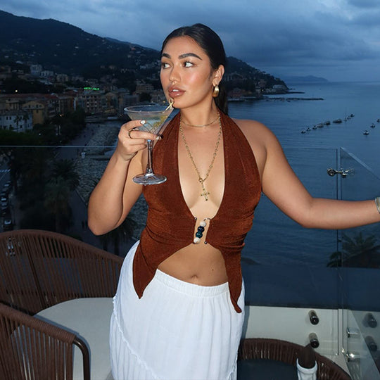Damen Haltertop mit eleganter Raffung und dekorativen Perlen EB