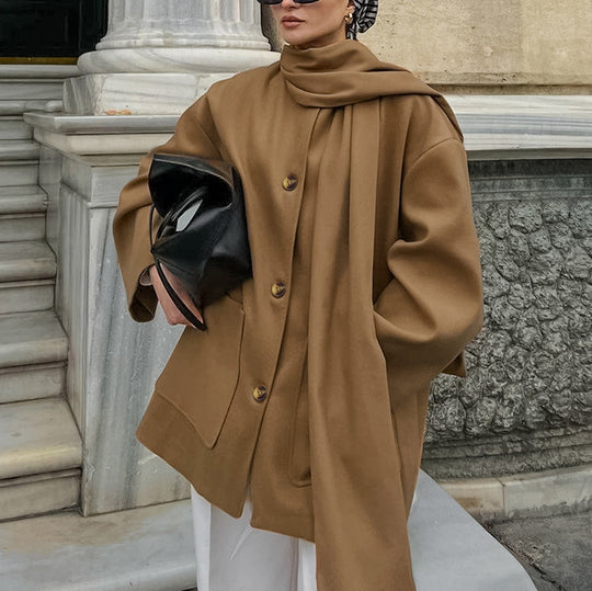 Damen modische Oversized-Jacke mit Schal und praktischen Taschen EB