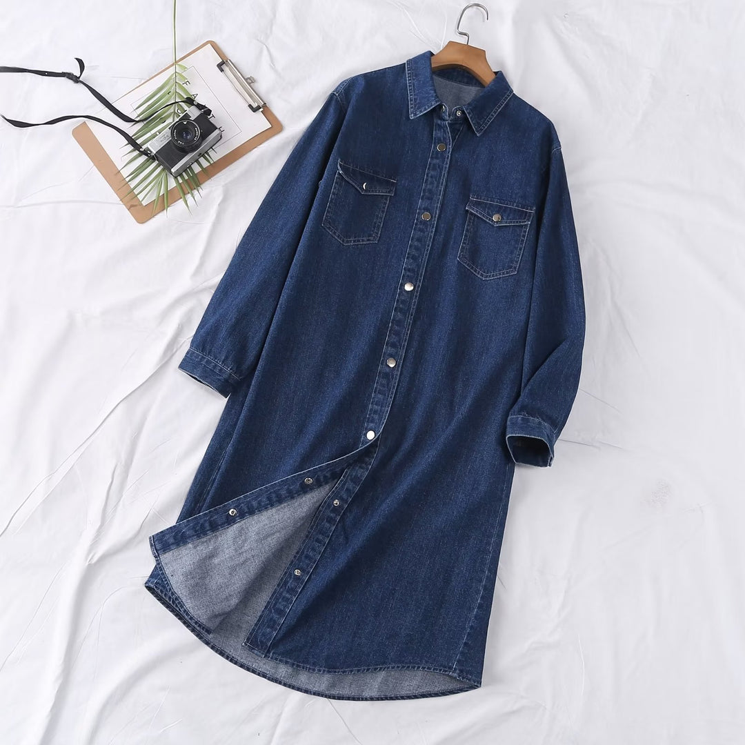 Damen Langes Denim-Hemdblusenkleid mit Knopfleiste und Brusttaschen EB