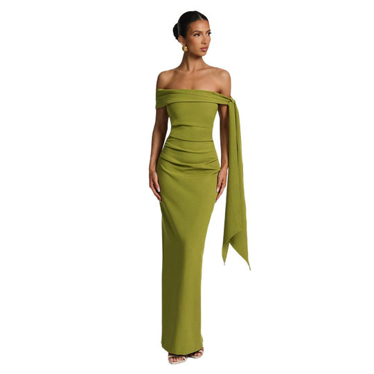 Damen Elegantes Maxikleid mit schulterfreiem Design und raffiniertem Drapierungselement EB