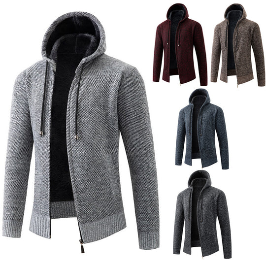 Herren nan melierte Strickzip-Kapuzenjacke mit wärmendem Teddyfutter, verdecktem Zwei-Wege-Reißverschluss und elastischen Bündchen EB