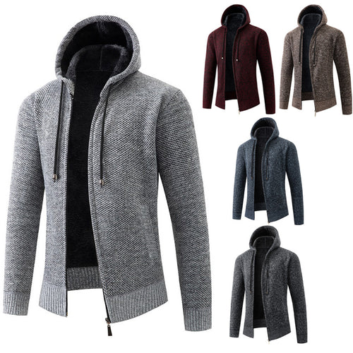 Herren nan melierte Strickzip-Kapuzenjacke mit wärmendem Teddyfutter, verdecktem Zwei-Wege-Reißverschluss und elastischen Bündchen EB