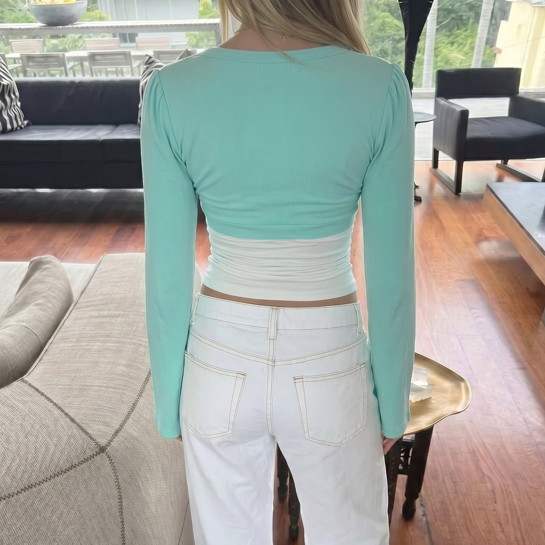Damen nan Bolero-Overlay-Top mit tiefem V-Ausschnitt, ausgestellten Trompetenärmeln und integrierter Camisole EB