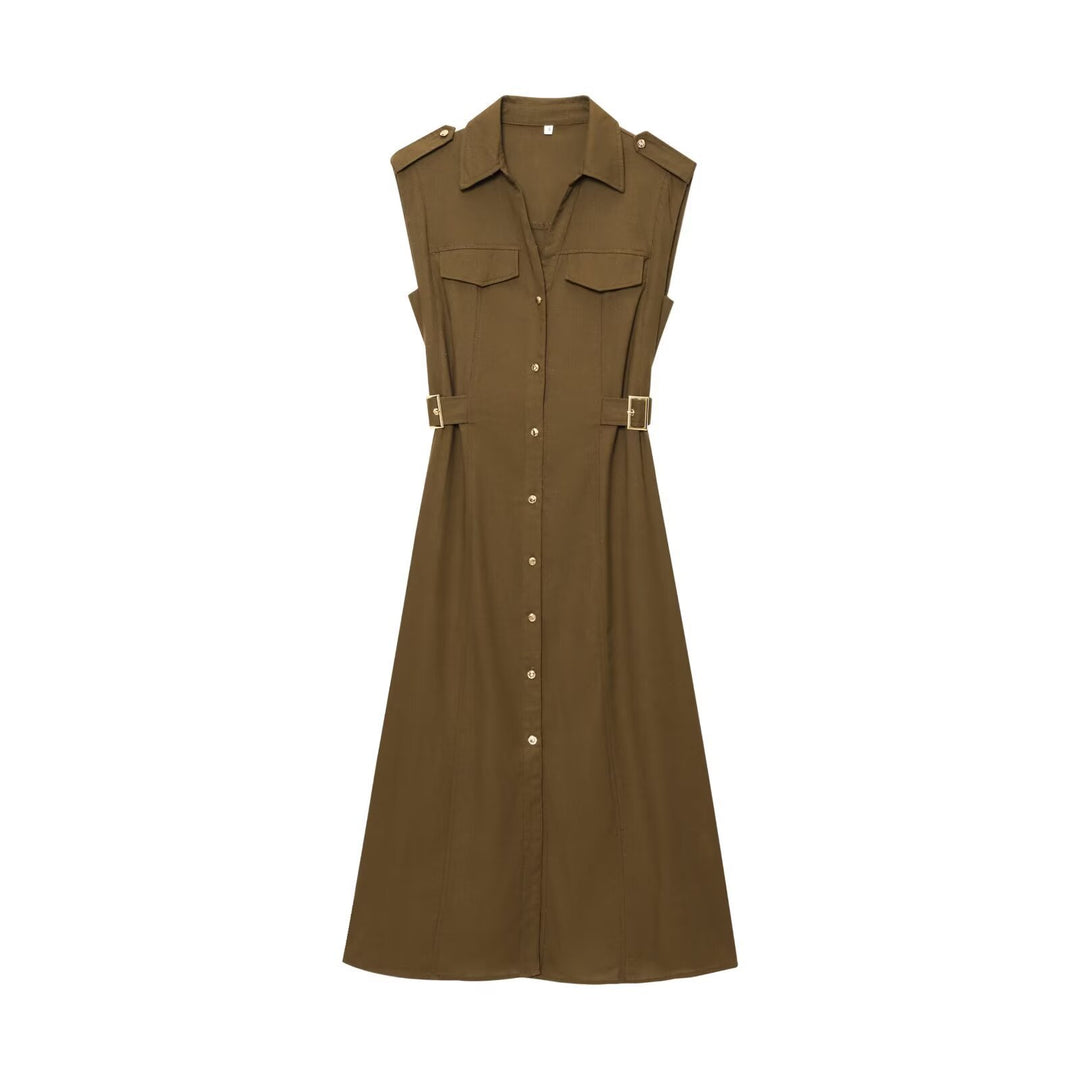 Damen Maxikleid mit dekorativen Taschen und Gürtel EB
