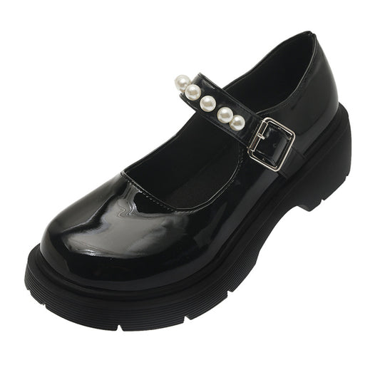 Damen Mary Jane Schuhe mit glänzendem Obermaterial und Perlenschmuck EB