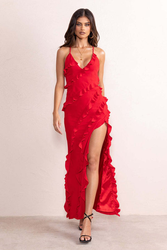 Damen Maxikleid mit voluminösen Rüschendetails und elegantem Beinschlitz EB