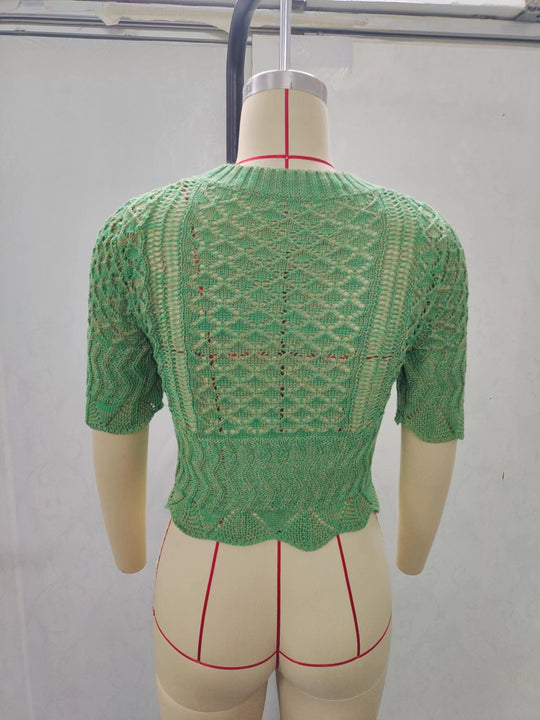 Damen Print Strickoberteil mit luftiger Netzstruktur und modischem Crop-Schnitt EB