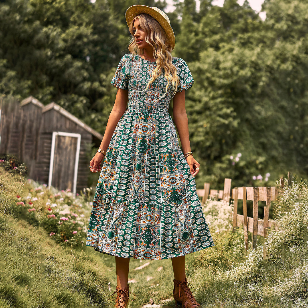 Damen Maxikleid mit floralem Muster und elastischem Tailleneinsatz EB