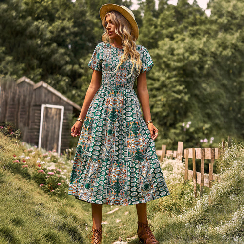 Damen Maxikleid mit floralem Muster und elastischem Tailleneinsatz EB