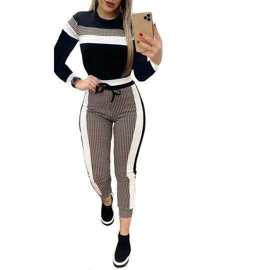 Damen Sportliches 2-teiliges Set mit Karomuster und Kontraststreifen EB