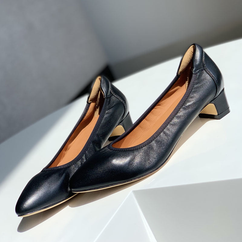 Damen Bequeme spitz zulaufende Ballerinas mit flexiblem Blockabsatz EB