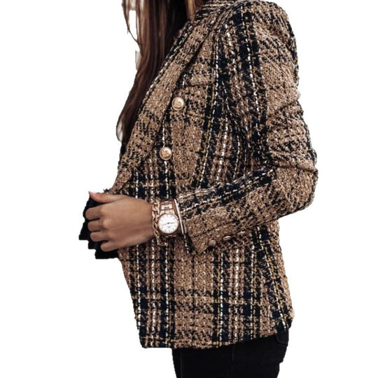 Damen nan eleganter Tweed-Blazer mit Doppelknopf, strukturierter Webung und aufgesetzten Taschen EB