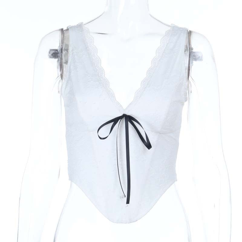 Damen Spitzen-Bustier mit elegantem V-Ausschnitt und dekorativem Schleifendetail EB