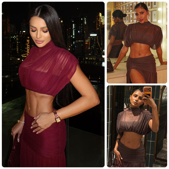 Damen Crop-Top und Maxi-Rock Set mit transparenten Elementen EB