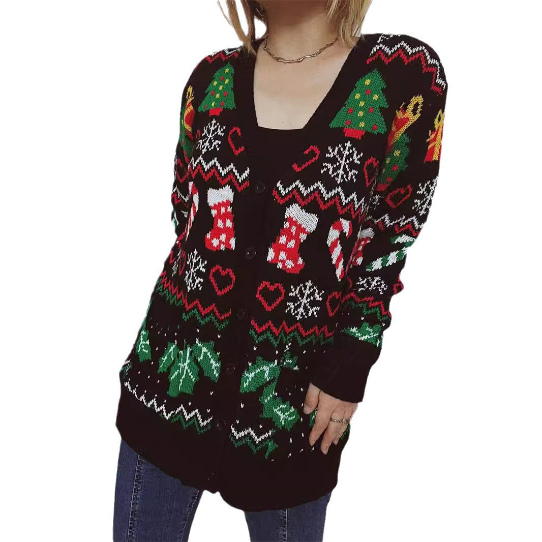 Damen Weihnachts-Strickjacke mit festlichem Motiv und praktischem Knopfverschluss EB