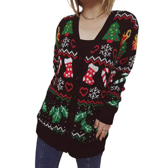 Damen Weihnachts-Strickjacke mit festlichem Motiv und praktischem Knopfverschluss EB