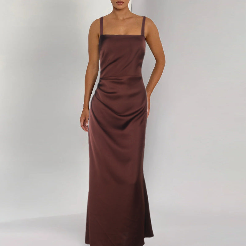 Damen Elegantes Satin-Maxikleid mit schmalen Trägern EB