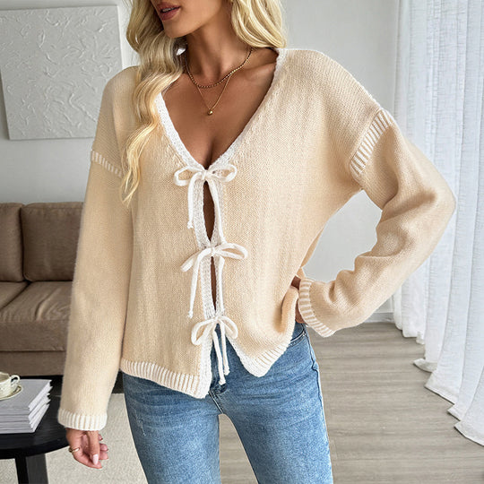 Damen Strickcardigan mit Schleifenverschluss und tiefem V-Ausschnitt EB