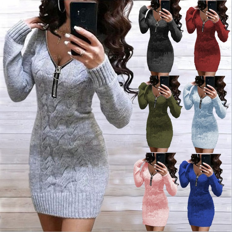 Damen Strickkleid mit dekorativem Reißverschluss und feinem Kabelmuster EB