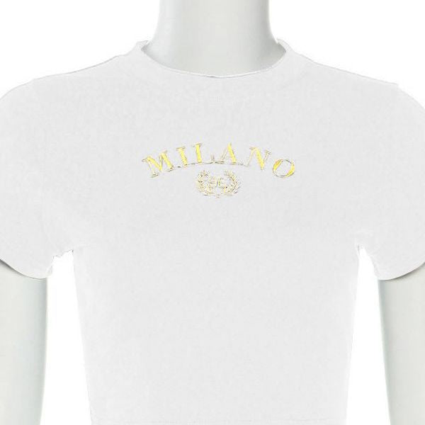 Damen cropped T-Shirt mit gesticktem Schriftzug und rundem Ausschnitt EB