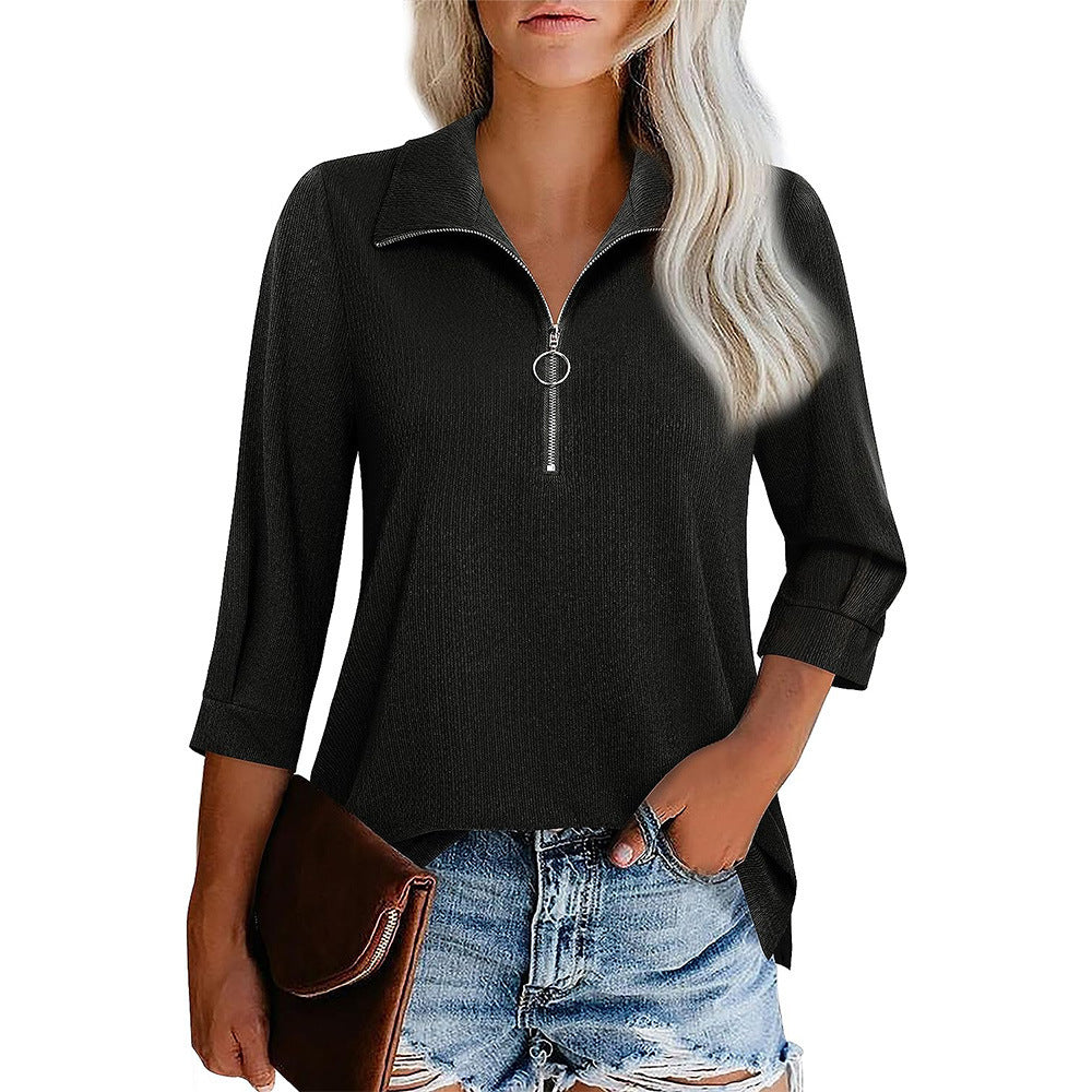 Damen nan lässige Bluse mit Reißverschlusskragen dreiviertelärmel und ausgestelltem Saum EB