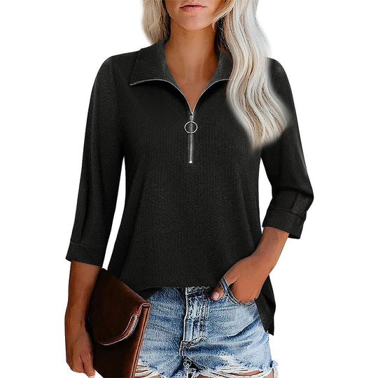 Damen nan lässige Bluse mit Reißverschlusskragen dreiviertelärmel und ausgestelltem Saum EB