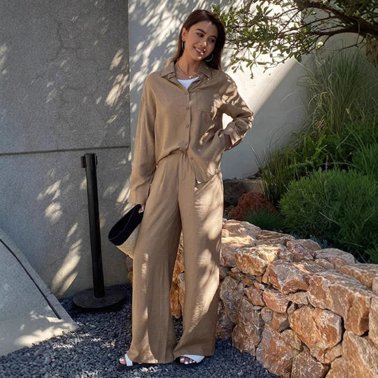 Damen nan entspanntes Leinen Lounge Set mit Oversize Hemd und Kordelbund Palazzohose EB