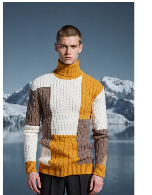 Herren modischer Strickpullover mit strukturiertem Zopfmuster und Stehkragen EB