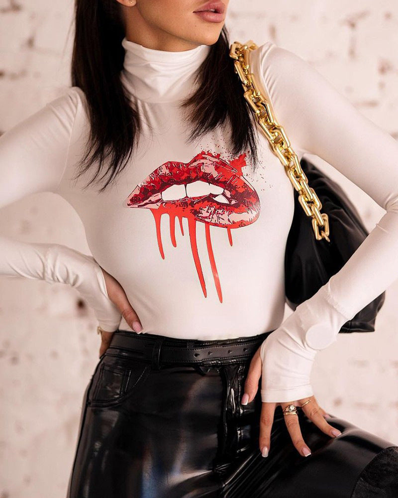 Damen Langärmliger Body mit kreativem Lippen-Motiv EB