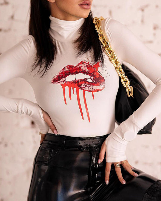 Damen Langärmliger Body mit kreativem Lippen-Motiv EB